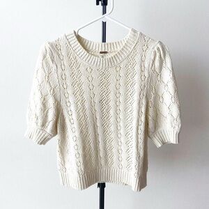 Free People Ivory Cable Knit Short Sleeve Sweater